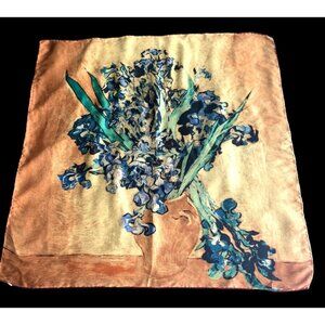 Vintage Art Scarf Floral Master Painting Rolled Edge Blue Gold 34" Square